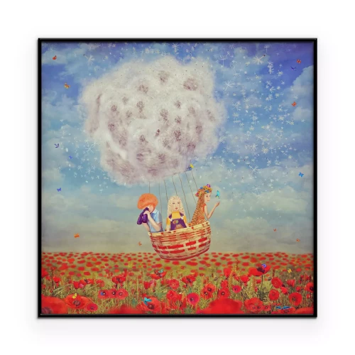 Poster Kinderen vliegen in een ballon boven een weiland.