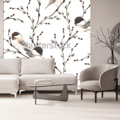 Sticker Naadloos patroon van Willow takken en vogels Black-capped Chickadee, betrokken op witte achtergrond in vintage aquarel stijl.