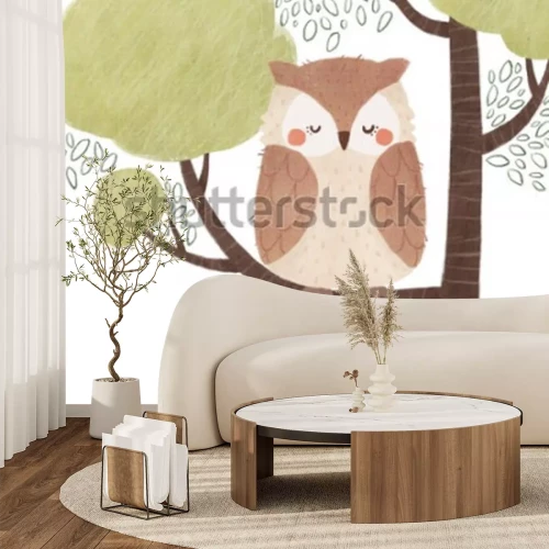 Sticker Uil op een tak pastel kinderillustratie