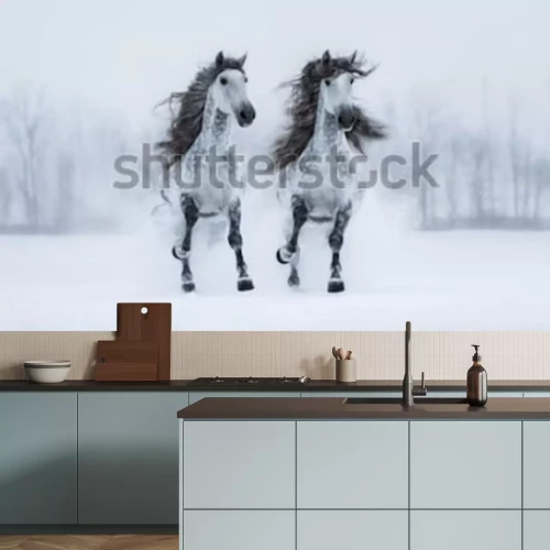 Fotobehang Grijze paarden lopen in de sneeuw