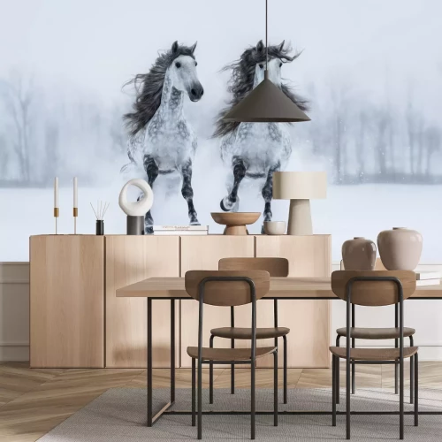 Fotobehang Grijze paarden lopen in de sneeuw