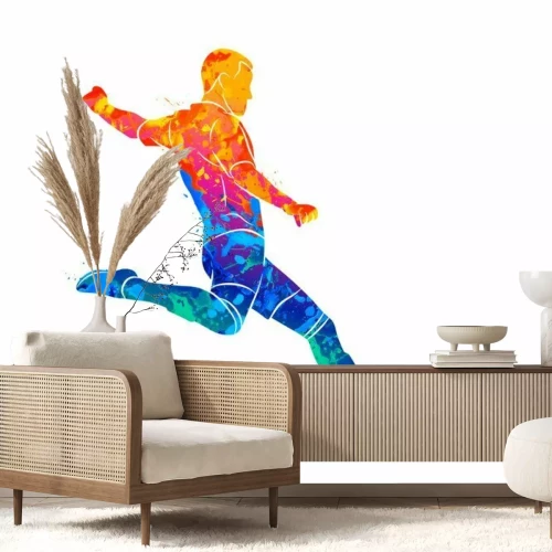 Sticker Veelkleurige illustratie van een voetballer die een bal schopt