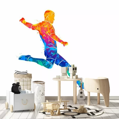 Sticker Veelkleurige illustratie van een voetballer die een bal schopt