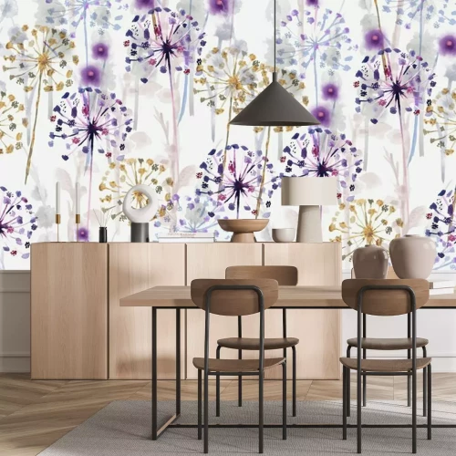 Fotobehang Een patroon met paardenbloemen en bloemen in tinten paars en goud