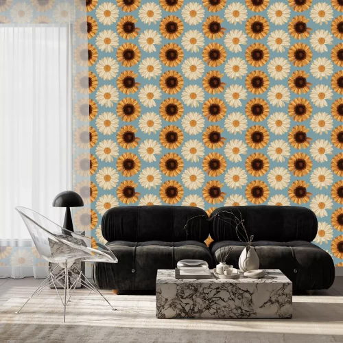 Behang Afdrukbare naadloze vintage herfst herhalen patroon achtergrond met madeliefjes en zonnebloemen. Botanisch behang, rasterillustratie in super Hoge resolutie.