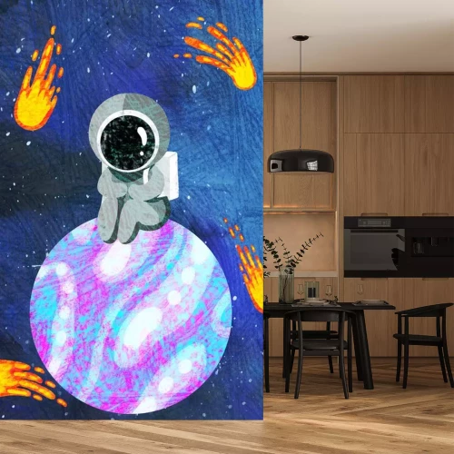 Sticker Komeet astronaut zittend op de planeet