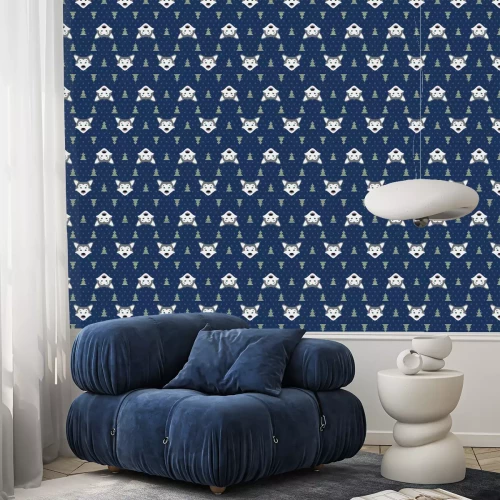 Behang Babywolven en kerstbomen op een marineblauwe achtergrond