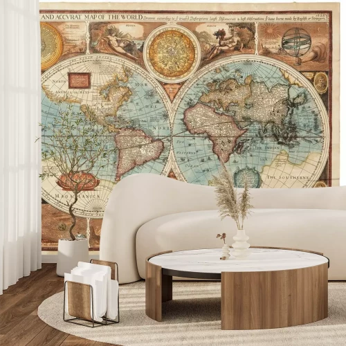 Fotobehang Antieke wereldkaart in de stijl van oude gravures met decoraties