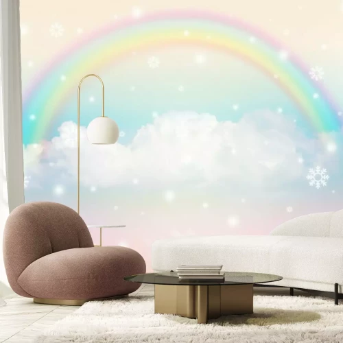 Fotobehang Regenboog aan de hemel met wolken en sterren