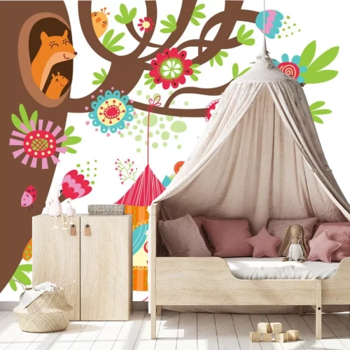 Sticker Dierlijke bewoners van een kleurrijke illustratie van een boomsprookje