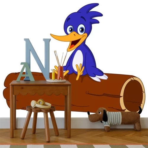 Sticker Een donkerblauwe specht zat op een houten blok