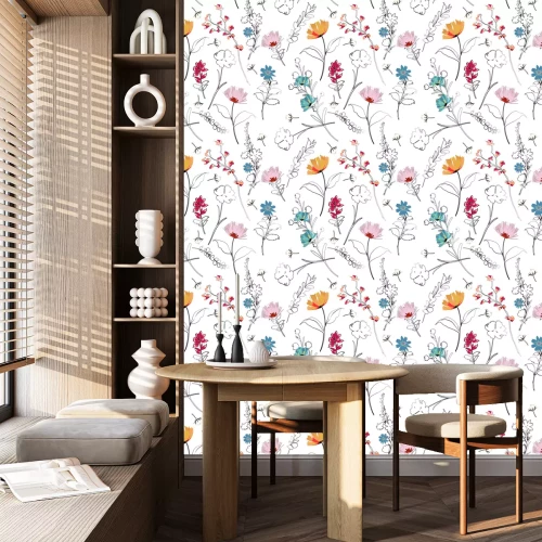 Behang Het trendy heldere overzicht van de de Zomer bloeiende tuin en hand het schilderen bloeit veel soort bloemen in naadloze patroon vectorillustratie