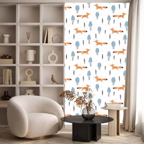 Behang Geïllustreerde vossen en blauwe bomen