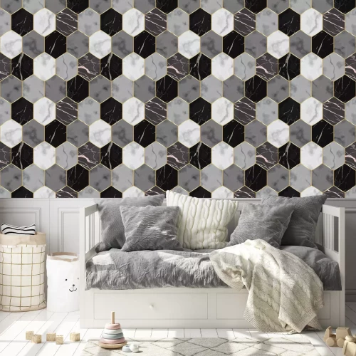Behang Grijs marmer van zeshoeken