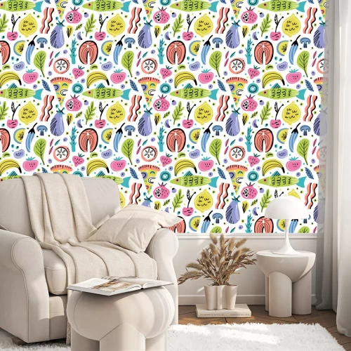 Behang Abstracte kleurrijke groenten, fruit en vis