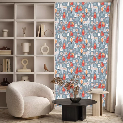 Behang Naadloos patroon met de winterbos, herten, uil en vos.