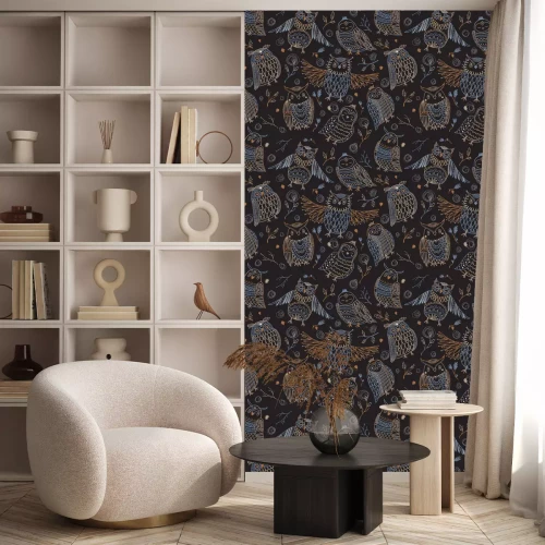 Behang Kleurrijke uilen in de nachtelijke hemel