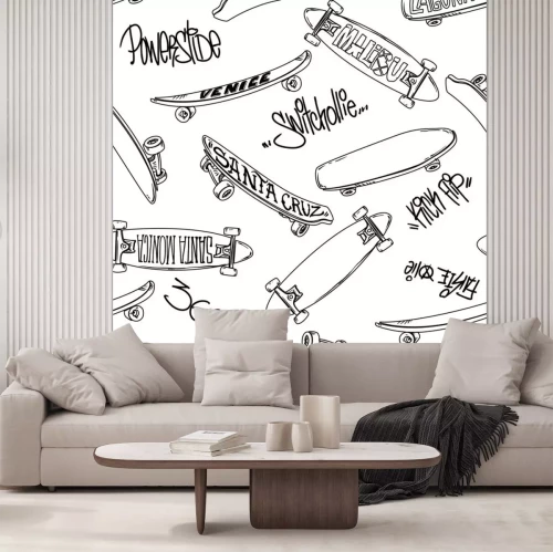 Sticker Naadloos patroon met cartoon skateboarden en graffiti inscriptie truc, Skate achtergrond.