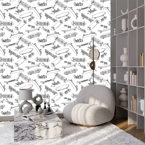 Behang Naadloos patroon met cartoon skateboarden en graffiti inscriptie truc, Skate achtergrond.