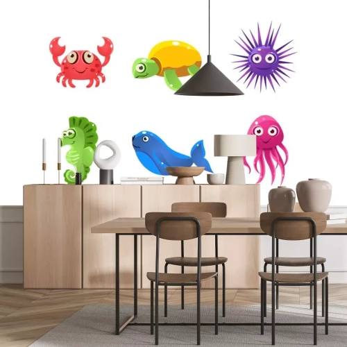 Sticker Set cartoon zeedieren met grappige gezichten. Zeedieren. Platte vector voor mobiel spel van kinderboek