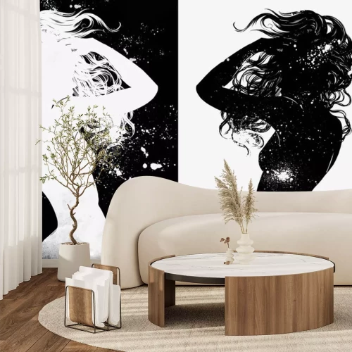 Sticker Dans alleen in het universum. Een jong naakt meisje met lang haar danst tegen sterren en sterrenstelsels. Digitale hand