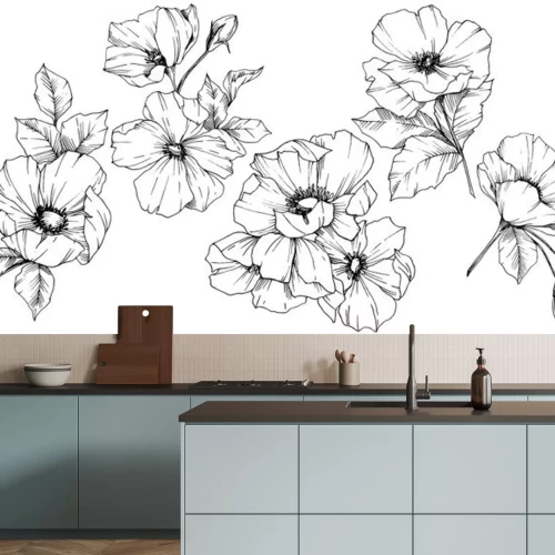 Sticker Rose bloemen zwart-wit schetsen