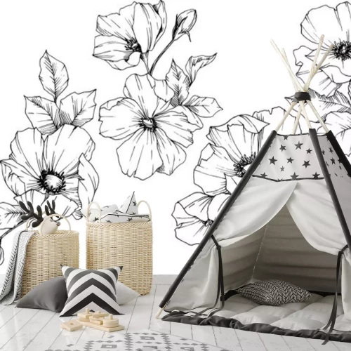 Sticker Rose bloemen zwart-wit schetsen