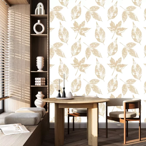 Behang Bladgoud naadloos patroon op witte achtergrond. Bladprint met gouden acrylverf. Vakantiedecoratie in stijl grunge.