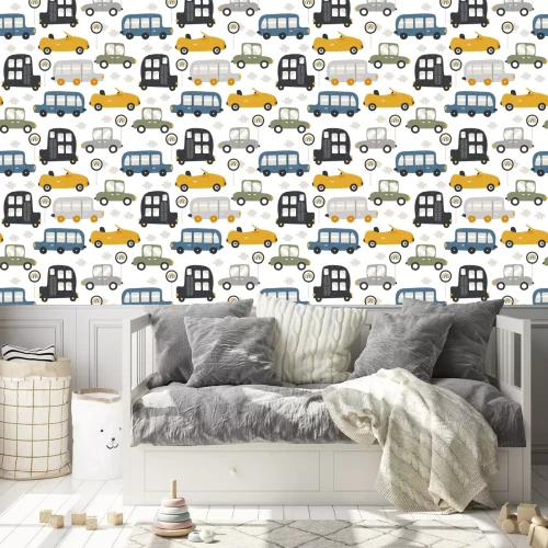 Behang Naadloos patroon met grappige auto's. Mode kinderprint. Vector hand getekende illustratie.