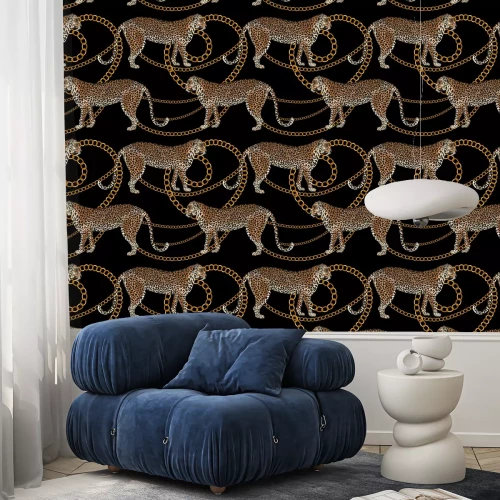 Behang Leopard naadloze patroon. Tijgerhuid print met gouden ketting. Dierlijke achtergrond. Vector illustratie