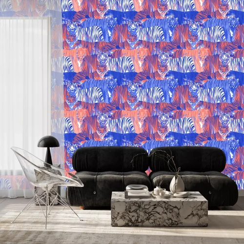 Behang Grafisch naadloos patroon van staande en lopende tijgers.