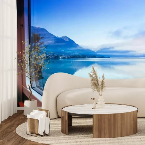 Fotobehang Uitzicht vanuit het treinraam op een meer in Zwitserland