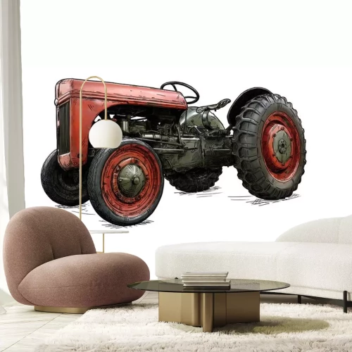 Sticker Oude vintage rode tractorillustratie in beeldverhaal of grappige stijl. Tractor werd gemaakt in Dearborn, Michigan, Verenigde Staten of de VS van 1939 tot 1942 of 30's tot 40's.