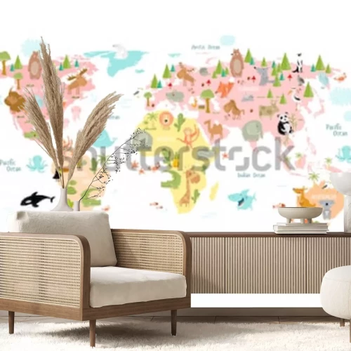 Fotobehang Geïllustreerde wereldkaart met continenten en dieren