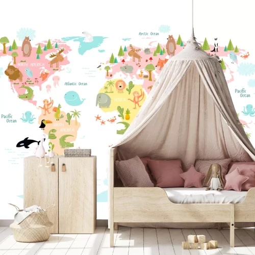 Fotobehang Geïllustreerde wereldkaart met continenten en dieren