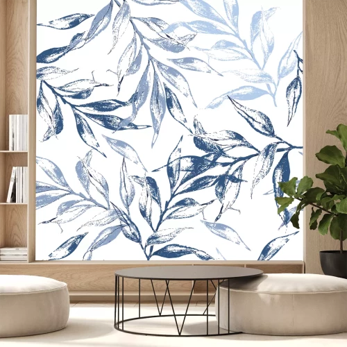 Sticker Textuurpatroon met blauwe bladeren. Aquarel bloemenachtergrond. Het patroon kan gebruikt worden voor behang, patroonvulling, webpagina-achtergrond en oppervlaktetexturen.