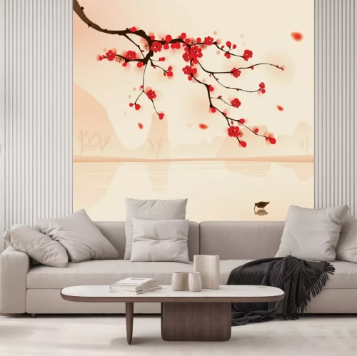 Sticker Oosterse stijl schilderen, pruim bloesem in het voorjaar