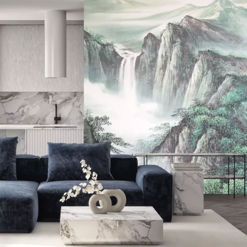 Sticker Oosterse berglandschap imitatie van een oude gravure