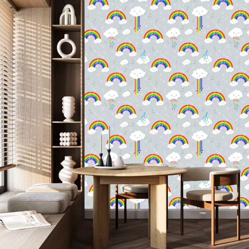 Behang Pastelkleurregenboog en sterren naadloos patroon op blauw verstand als achtergrond