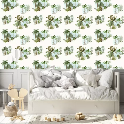 Behang Naadloos patroon met exotische bomen zoals ons palm en banaan op landschap. Interieur vintage behang.