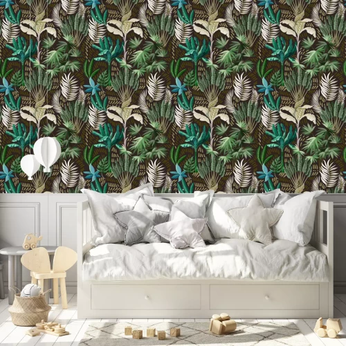 Behang Naadloos patroon met exotische bomen zoals ons palm en banaan. Interieur vintage behang.