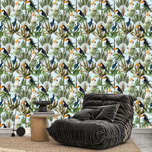 Behang Vintage motief met exotische papegaaien en bladeren