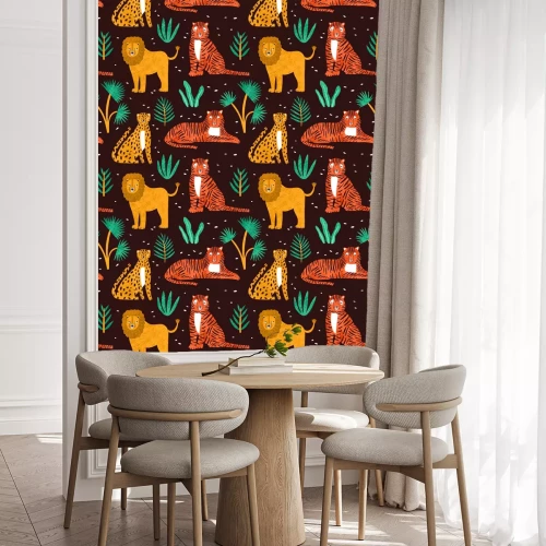 Behang Kinderachtig naadloos patroon met grappige leeuwen, tijgers, luipaarden en bladeren van tropische planten op donkere achtergrond. Achtergrond met schattige wilde exotische roofdieren. Kleurrijke vecto