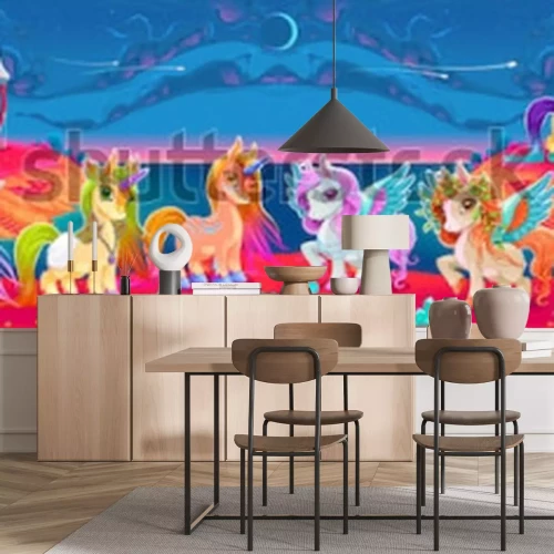 Fotobehang Kleurrijke pegasi bij het kasteel