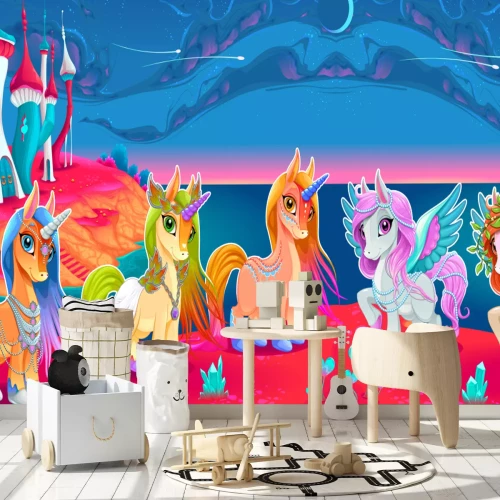 Fotobehang Kleurrijke pegasi bij het kasteel