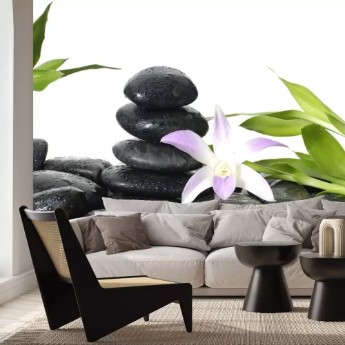 Sticker Oosterse spa - roze orchidee, bamboe stengel in het water daalt