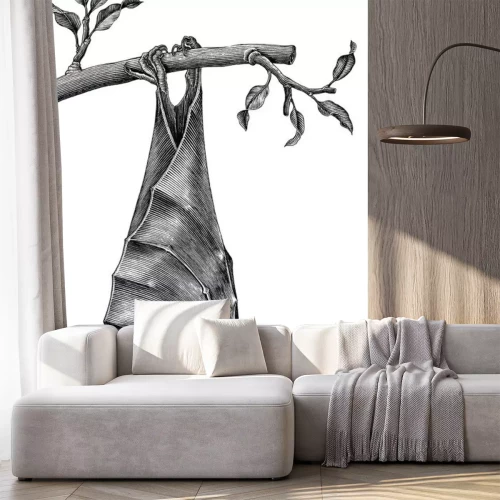 Sticker Zwart-wit tekening met een hangende vleermuis