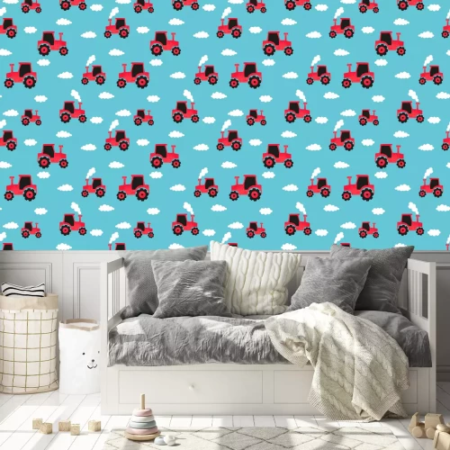 Behang Naadloos hand getrokken rood tractorpatroon voor kinderenontwerp.