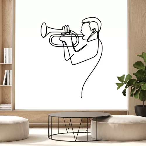 Sticker een lijntekening van profiel shot van een muzikant die een trompet speelt geïsoleerd op een witte achtergrond