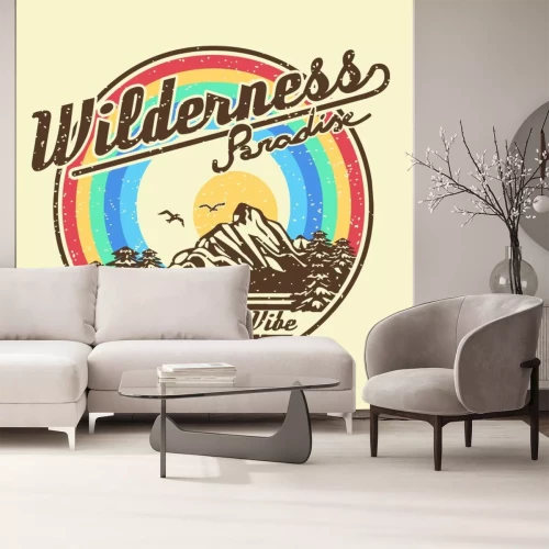 Sticker Belettering van Californië, sport en ontdek. Bomen en regenboog op reis. Cactus en zon op stempel. Tropische avontuurt-shirt voor andere bosexpeditie. Vector illustratie